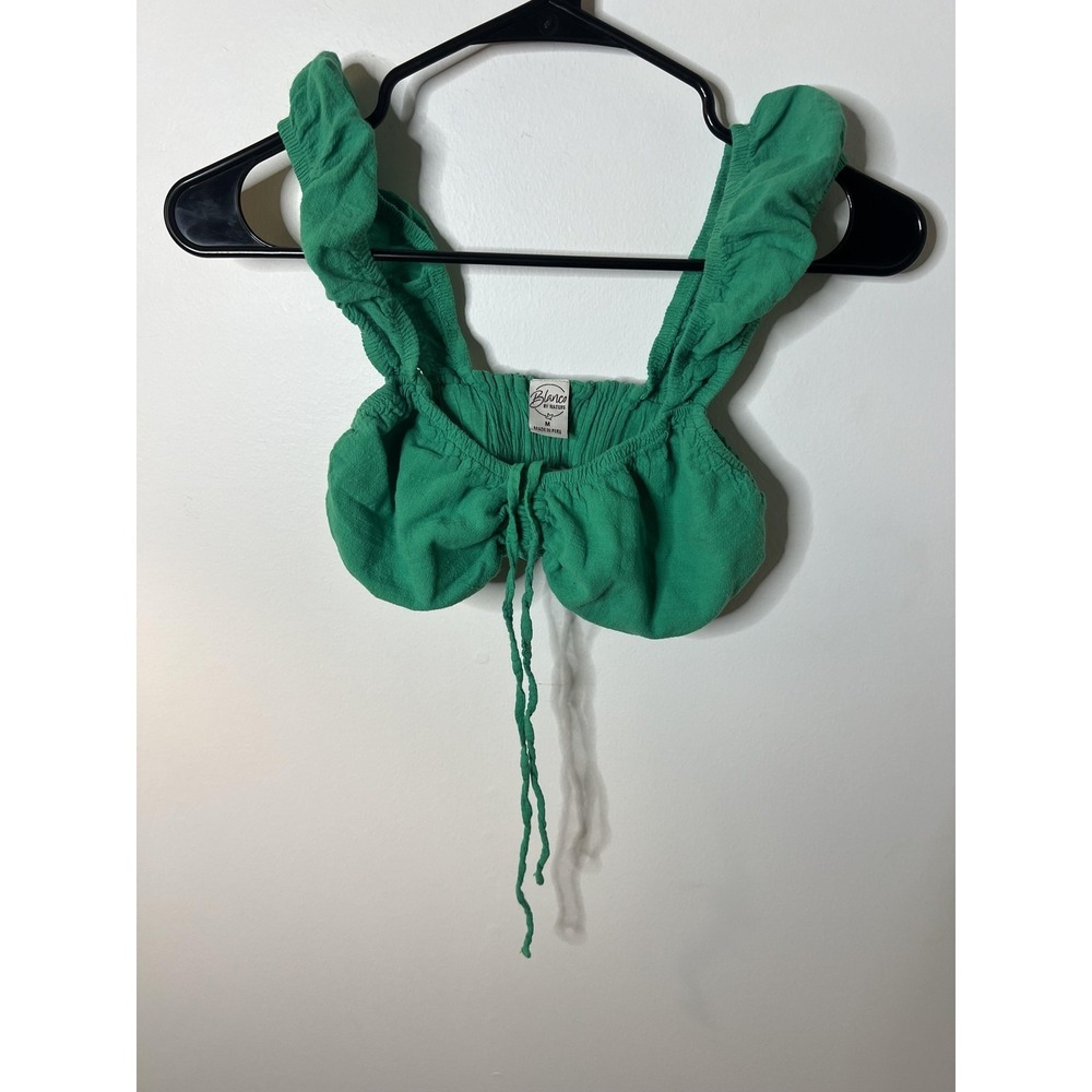 Blanco By Nature Top Med Green Ruched Crop Boho Festival Peasant Feminine Latino